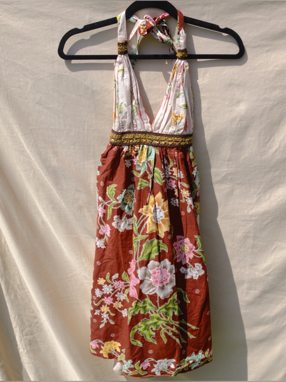 Floral Halter Sundress in Rust & Cream Boho Faux Leather Embroidery